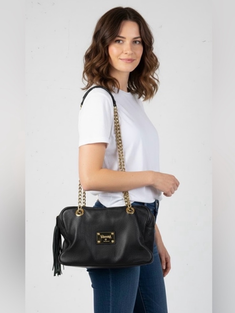 Valentina Black Leather Shoulder Bag with Gold Chain